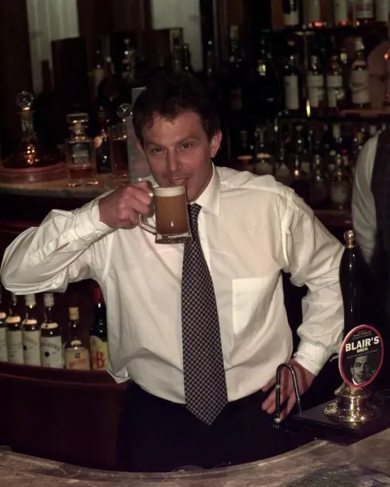 Framed Print : Tony Blair Labour Party leader in a pub drinking a half pint of beer named after him Framed Print : Tony Blair Labour Party leader in a pub drinking a half pint of beer named after him