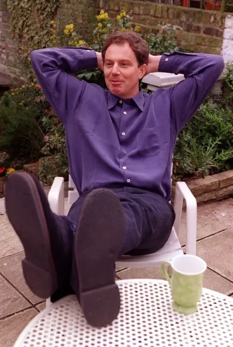 Framed Print : Tony Blair Labour Party leader relaxing at home sitting in garden with feet up Framed Print : Tony Blair Labour Party leader relaxing at home sitting in garden with feet up