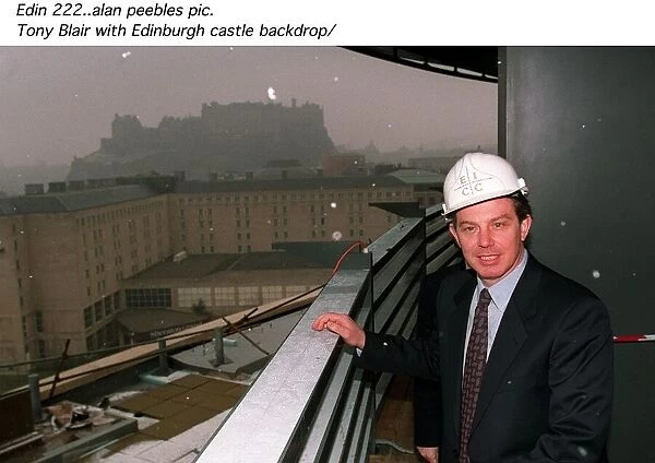 Tony Blair Labour Party leader wearing safety helmet while touring new conference