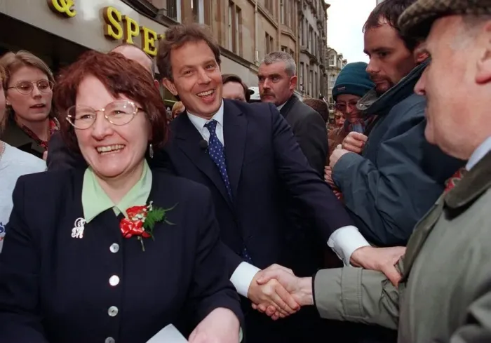 Framed Print : Tony Blair is mobbed as he goes walkabout in Stirling. 1990s Framed Print : Tony Blair is mobbed as he goes walkabout in Stirling. 1990s