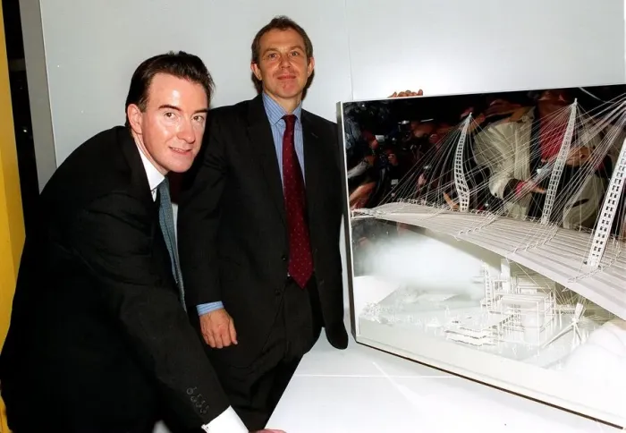Framed Print : Tony Blair with model of new Millennium Dome Feb 1998 with Peter Mandelson in Framed Print : Tony Blair with model of new Millennium Dome Feb 1998 with Peter Mandelson in