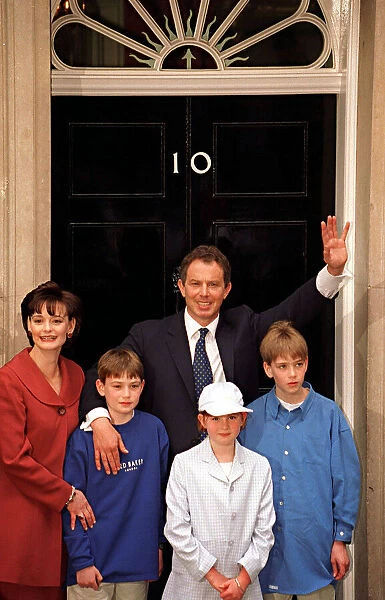 Tony Blair MP with family outside 10 Downing Street May 1997 after Labour won General