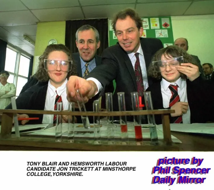 Framed Print : Tony Blair MP and Hemsworth Labour candidate Jon Trickett at Minsthorpe College in Framed Print : Tony Blair MP and Hemsworth Labour candidate Jon Trickett at Minsthorpe College in