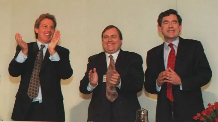 : TONY BLAIR MP LABOUR LEADER WITH GORDON BROWN MP AND JOHN PRESCOTT MP AFTER SPEECH : TONY BLAIR MP LABOUR LEADER WITH GORDON BROWN MP AND JOHN PRESCOTT MP AFTER SPEECH
