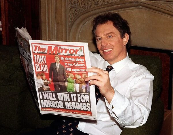 Tony Blair MP Labour leader reads the Daily Mirror newspaper at Home March 1997