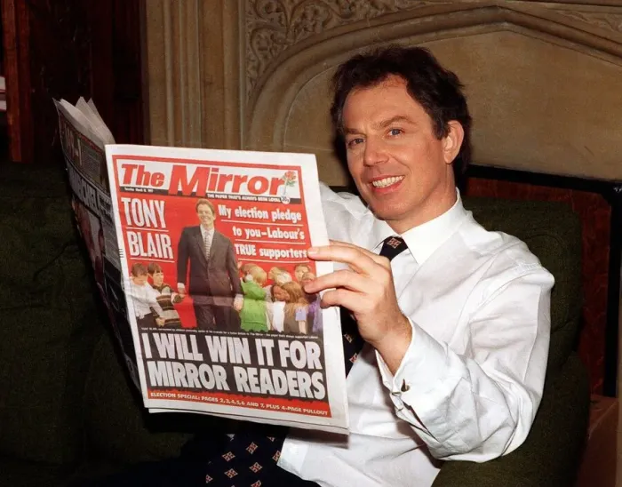 Framed Print : Tony Blair MP Labour leader reads the Daily Mirror newspaper at Home March 1997