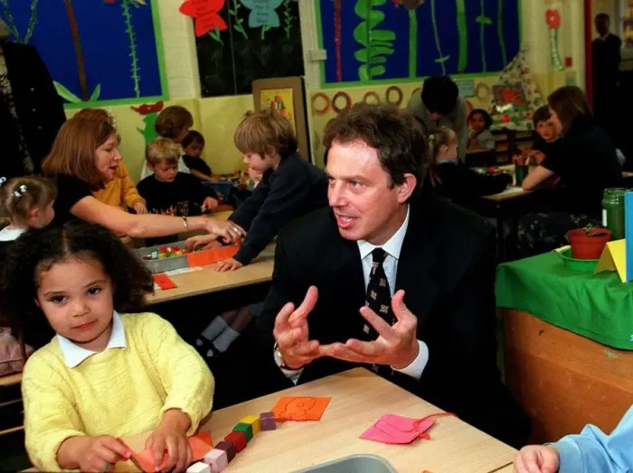 Framed Print : Tony Blair MP Prime Minister in the classroom during a visit to Sudbourne Primary School