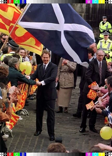 Tony Blair MP Prime Minister September 1997, with the crowds in Edinburgh after Yes Yes