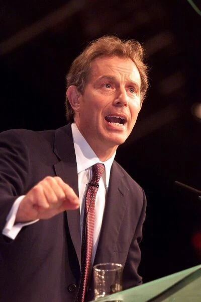 Tony Blair MP Prime Minister September 1999, on the platform making a speech at