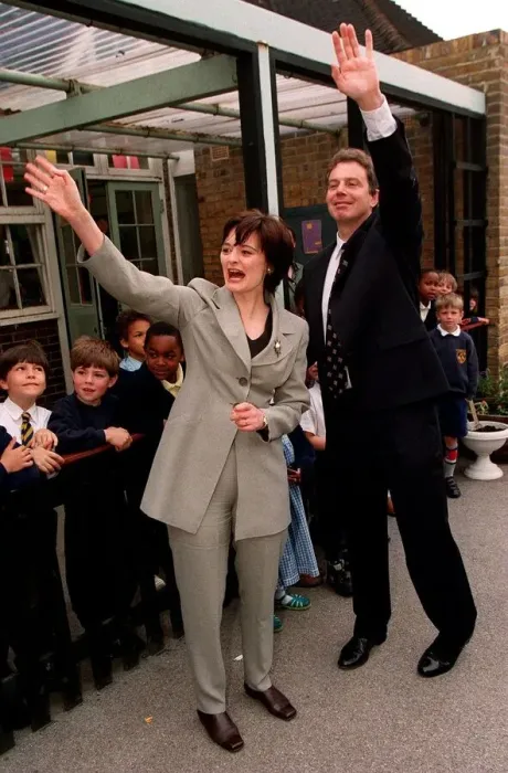 Framed Print : Tony Blair MP Prime Minister with wife Cherie Blair during a visit to Sudbourne Primary