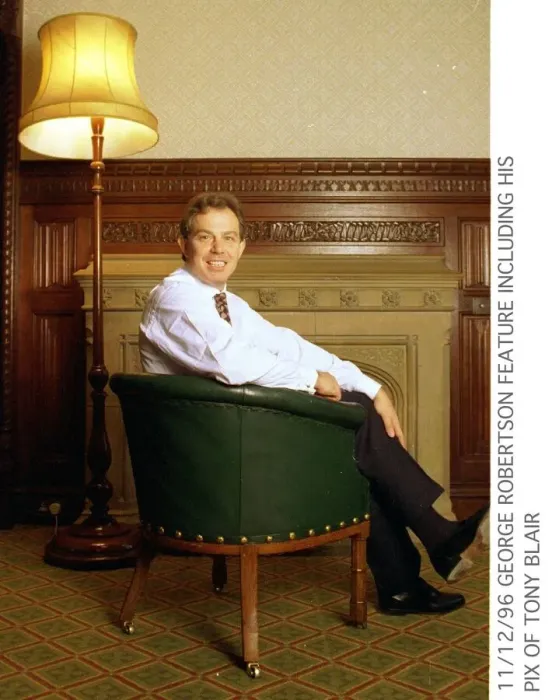 Framed Print : Tony Blair MP sitting in green chair under lamp picture taken by George Robertson. 1996