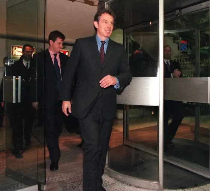Framed Print : Tony Blair November 1998 leaving Daily Record building at Anderston Quay