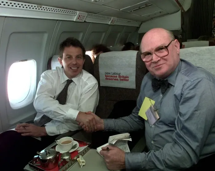 Framed Print : Tony Blair shakes hands with journalist Tom Brown inside aircraft on its way to Edinburgh Framed Print : Tony Blair shakes hands with journalist Tom Brown inside aircraft on its way to Edinburgh