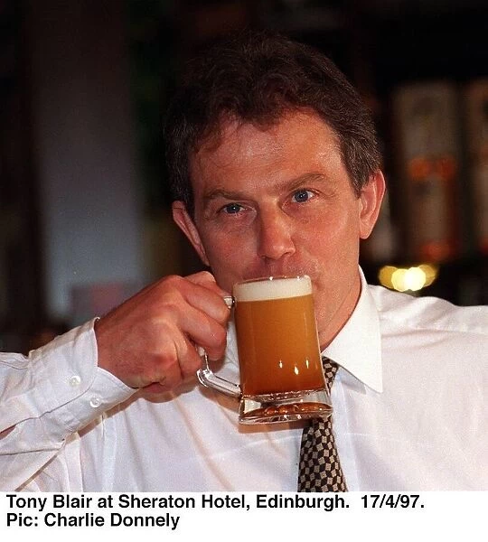 Tony Blair at Sheraton Hotel Edinburgh sipping Blairs Brew. April 1997