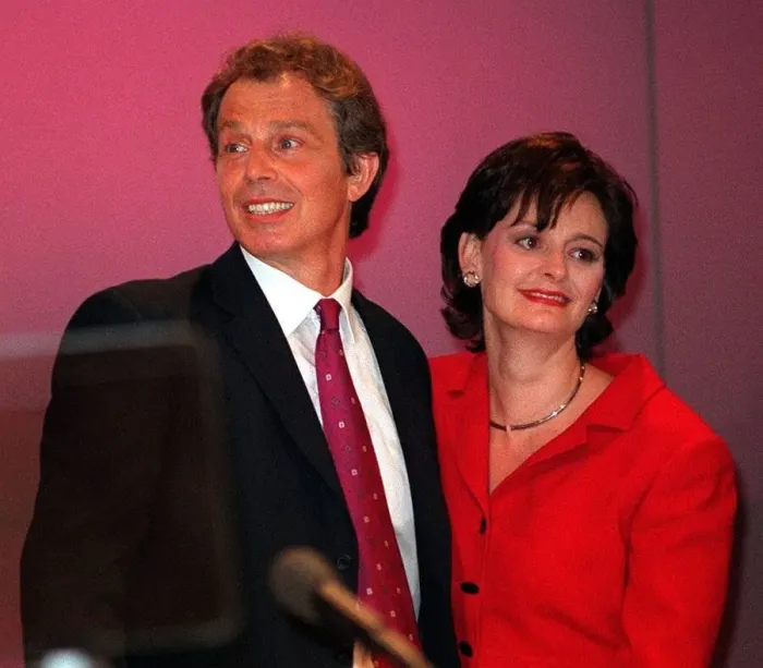 Framed Print : Tony and Cherie Blair at Blackpool September 1998 Tony Blair on the platform with