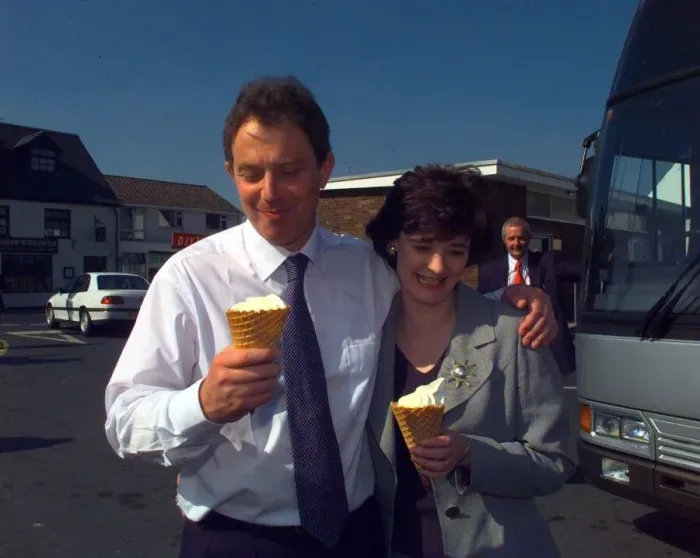 Framed Print : Tony and Cherie Blair enjoy ice cream on a hot sunny day in Monmouth during the April