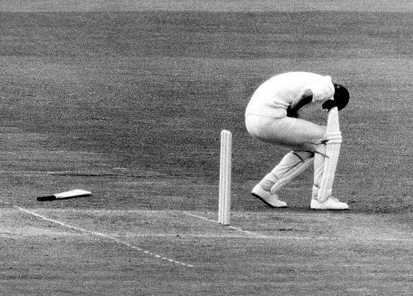 Tony Greig recieves a blow where it hurts from Australian fast bowler Dennis Lillee