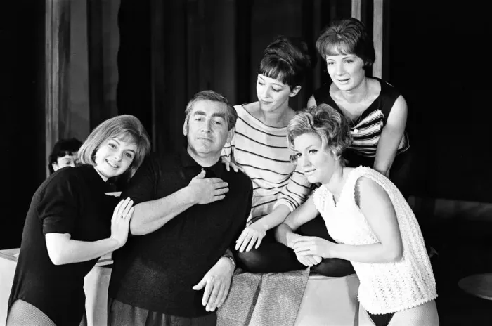 Framed Print : Tony Hancock and his girl dancers, rehearsing at the London Palladium. 8th August 1963