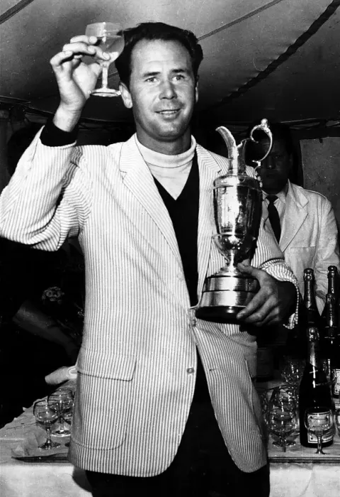 Framed Print : Tony Herne holding a glass of champagne and the British Golf Open trophy Framed Print : Tony Herne holding a glass of champagne and the British Golf Open trophy