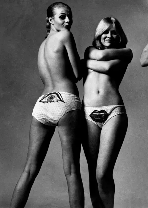 Framed Print : Topless models in knickers. Pants with lips and eyes and mouth designs Framed Print : Topless models in knickers. Pants with lips and eyes and mouth designs