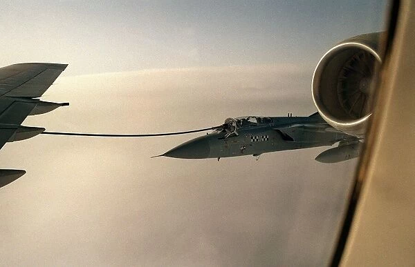 A Tornado F3 of 43 Squadron refuels from a VC10 tanker over Scotland. March 1992