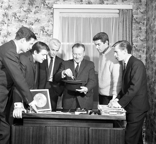 The Tornados, English instrumental group, pictured with Pat Doncaster of the Daily Mirror
