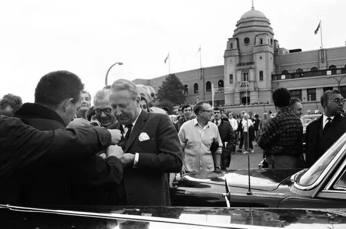 Framed Print : Tory leader Edward Heath signs autographs outside Wembley Stadium on day of World Cup