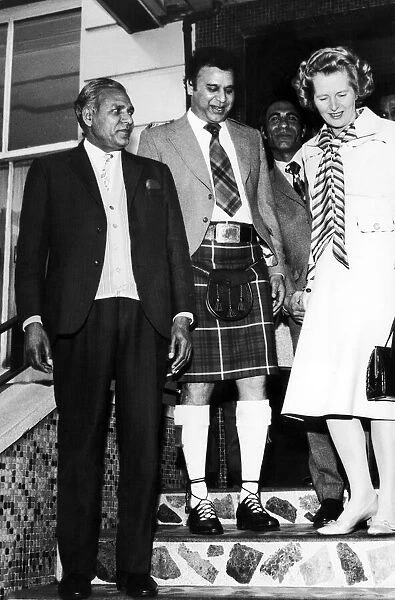 Tory Opposition Leader Margaret Thatcher MP meets the kilted Mustafa Khan at Glasgow