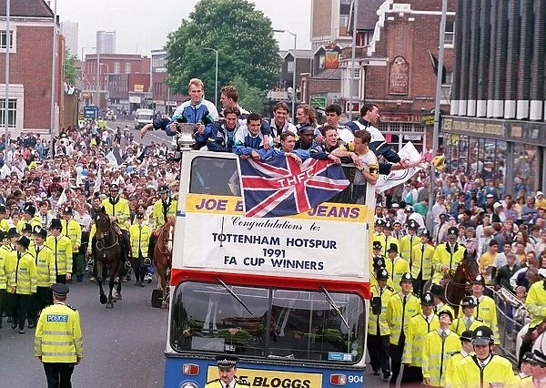 Tottenham Hotspur FA Cup Celebrations May 1991 players in an open top Bus in North London