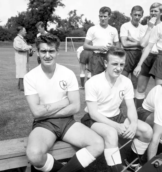 Framed Print : Tottenham Hotspur footballers Ron Henry (left) and Terry Dyson pose for photgraphers Framed Print : Tottenham Hotspur footballers Ron Henry (left) and Terry Dyson pose for photgraphers
