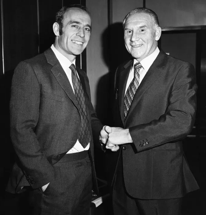 Framed Print : Tottenham Hotspur manager Bill Nicholson with fellow League Cup Final manager Ron Framed Print : Tottenham Hotspur manager Bill Nicholson with fellow League Cup Final manager Ron