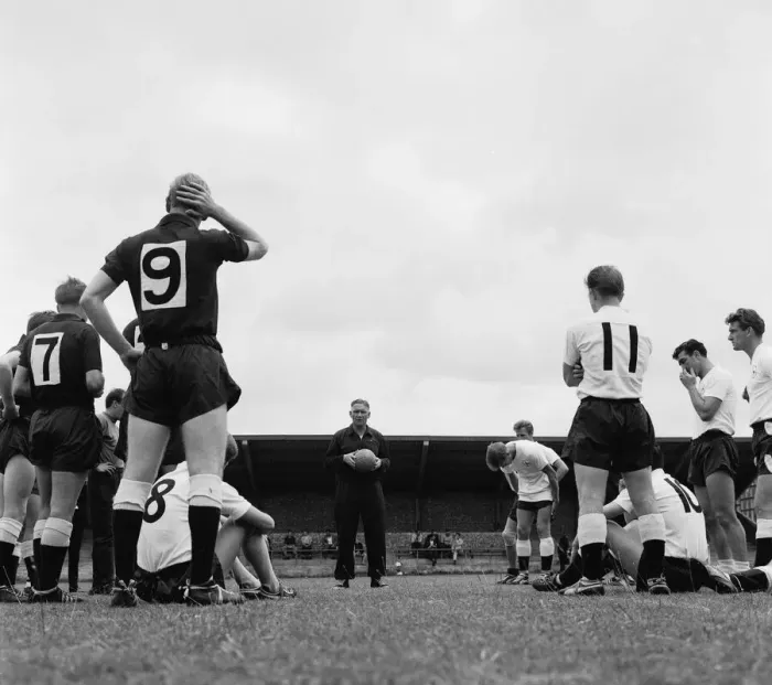 Framed Print : Tottenham Hotspur players listen to their manager Bill Nicholson during a training Framed Print : Tottenham Hotspur players listen to their manager Bill Nicholson during a training