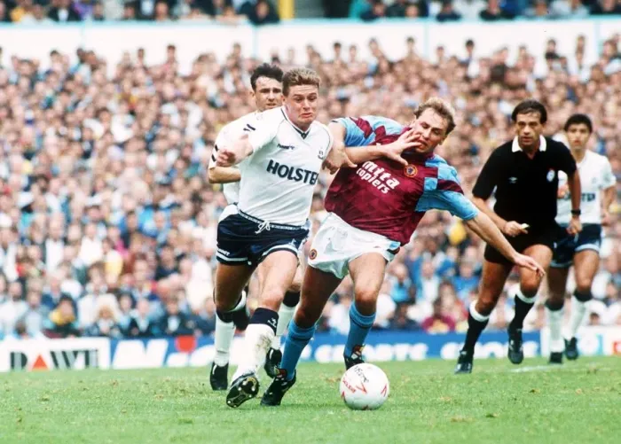 Framed Print : Tottenham Hotspurs footballer Paul Gascoigne marked by Paul Birch of Aston Villa during