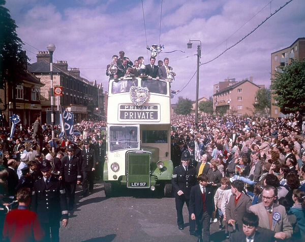 Tottenham Hotspurs parade the FA Cup around Tottenham from a bus. 16th May 1961