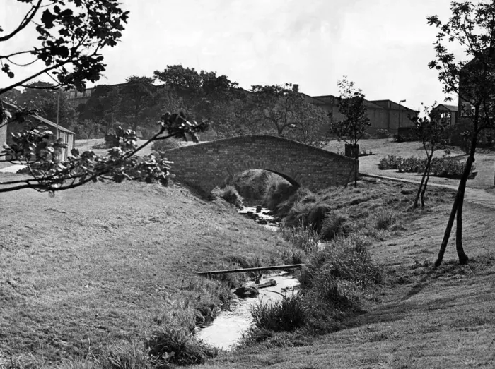 Framed Print : A touch of the ancient among the modern at Guisborough is this packhorse-type bridge over Framed Print : A touch of the ancient among the modern at Guisborough is this packhorse-type bridge over