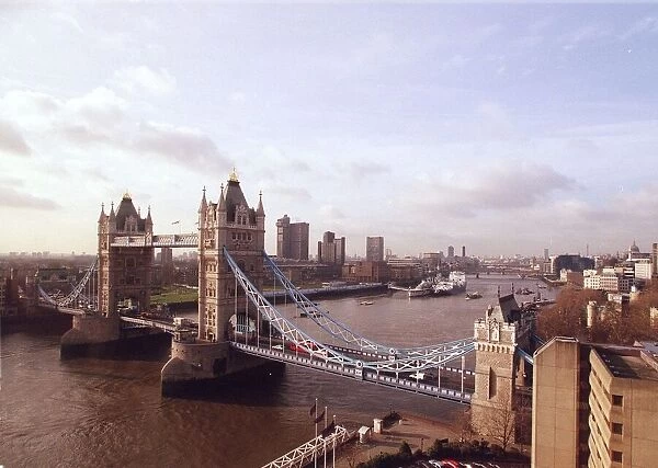 Tower Bridge and the pool of London seen from the 11th floor of the Thistle Hotel circa