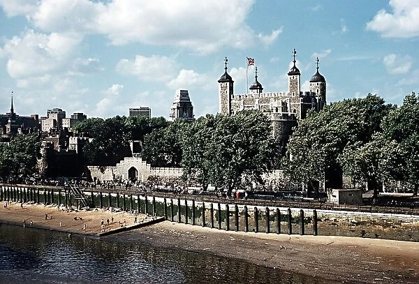 Tower of London looking across the Thames River, London, England
