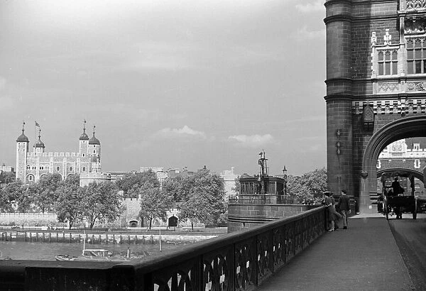 The Tower of London seen from the road deck of Tower Bridge, London. August 1939