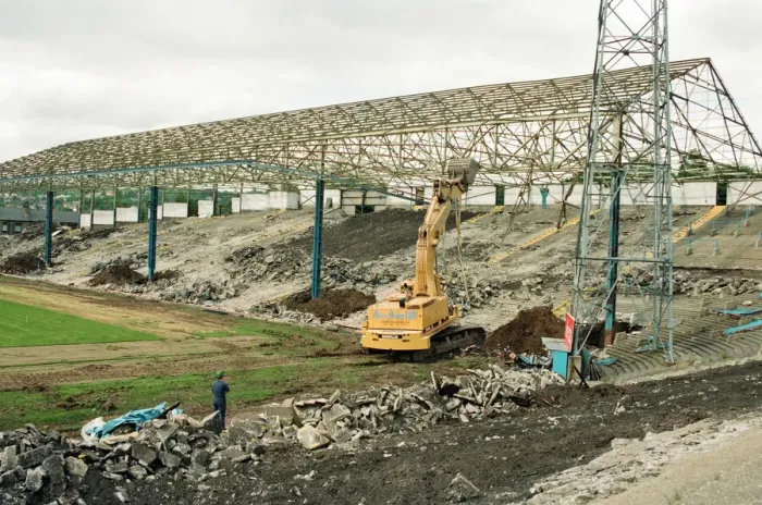 Framed Print : Town stand coming down at Leeds Road, the former ground for Huddersfield Town F. C Framed Print : Town stand coming down at Leeds Road, the former ground for Huddersfield Town F. C