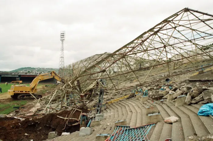 Framed Print : Town stand coming down at Leeds Road, the former ground for Huddersfield Town F. C Framed Print : Town stand coming down at Leeds Road, the former ground for Huddersfield Town F. C