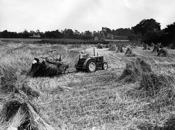 Tractors at work during a harvesting scene in England. Circa 1970 P004513