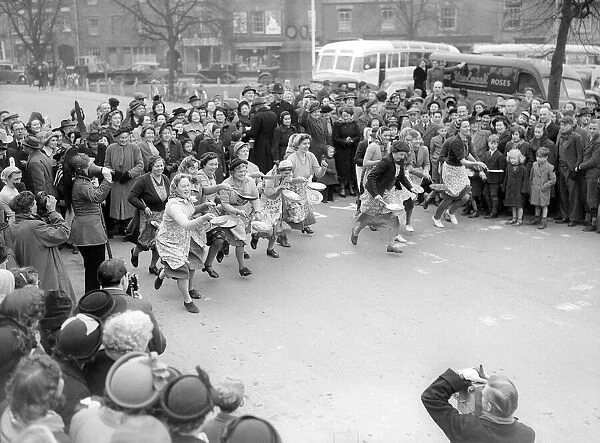 Traditional Pastimes The Olney Pancake Race Febuary 1956 The ladies start