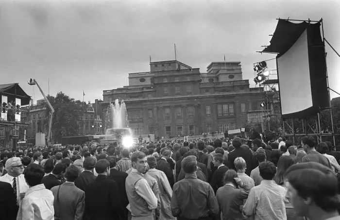 Framed Print : Trafalgar Square London July 1969 A giant TV screen in trafalgar Square has been Framed Print : Trafalgar Square London July 1969 A giant TV screen in trafalgar Square has been