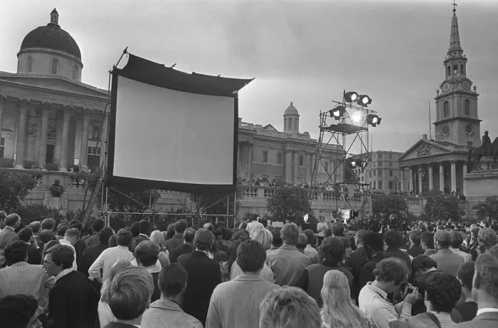 Framed Print : Trafalgar Square London July 1969 A giant TV screen in trafalgar Square has been