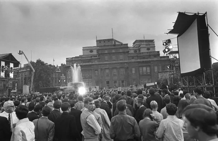 Framed Print : Trafalgar Square London July 1969 A giant TV screen in trafalgar Square has been Framed Print : Trafalgar Square London July 1969 A giant TV screen in trafalgar Square has been
