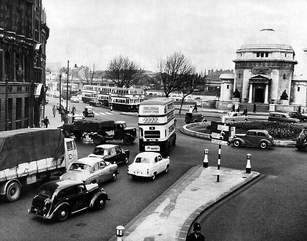 Traffic at Centenary Square, Birmingham, West Midlands. 16th April 1957