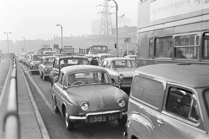 Framed Print : Traffic in Dagenham as the Ford factory turns out at the end of the day shift Framed Print : Traffic in Dagenham as the Ford factory turns out at the end of the day shift
