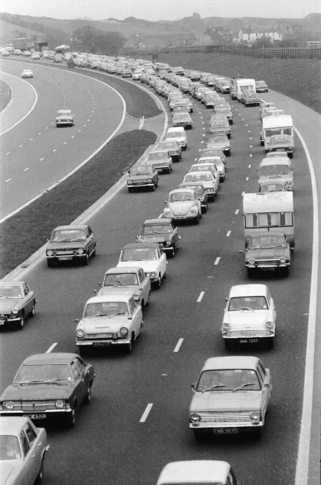 Framed Print : A traffic jam on the M61 motorway as holidaymakers try to make their way to Blackpool