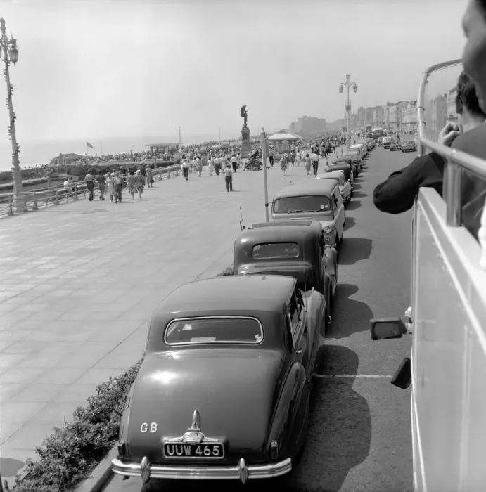 Framed Print : Traffic  /  Parked cars, street scene. June 1960 M4336-002