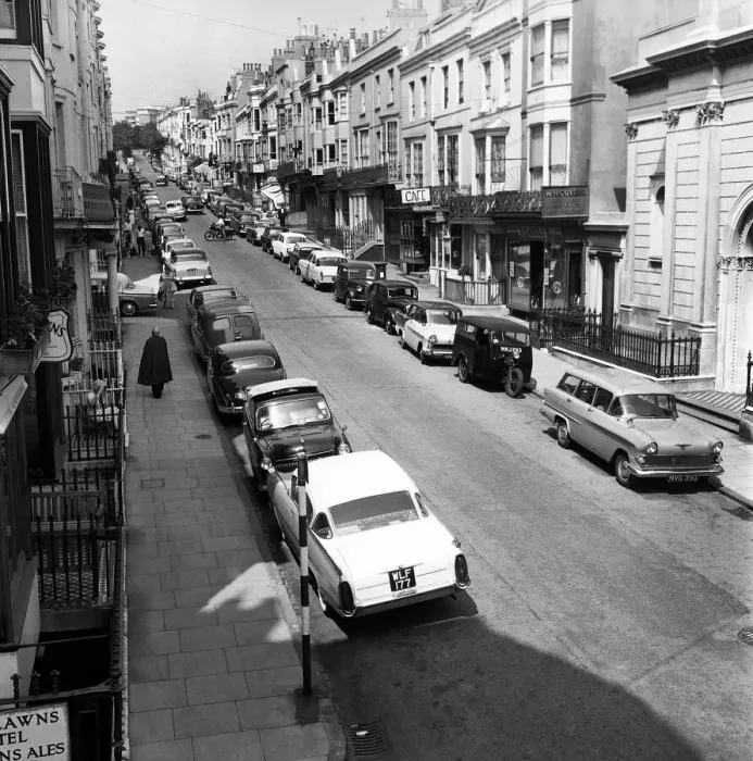 Framed Print : Traffic / Parked cars, street scene. June 1960 M4336 Framed Print : Traffic / Parked cars, street scene. June 1960 M4336